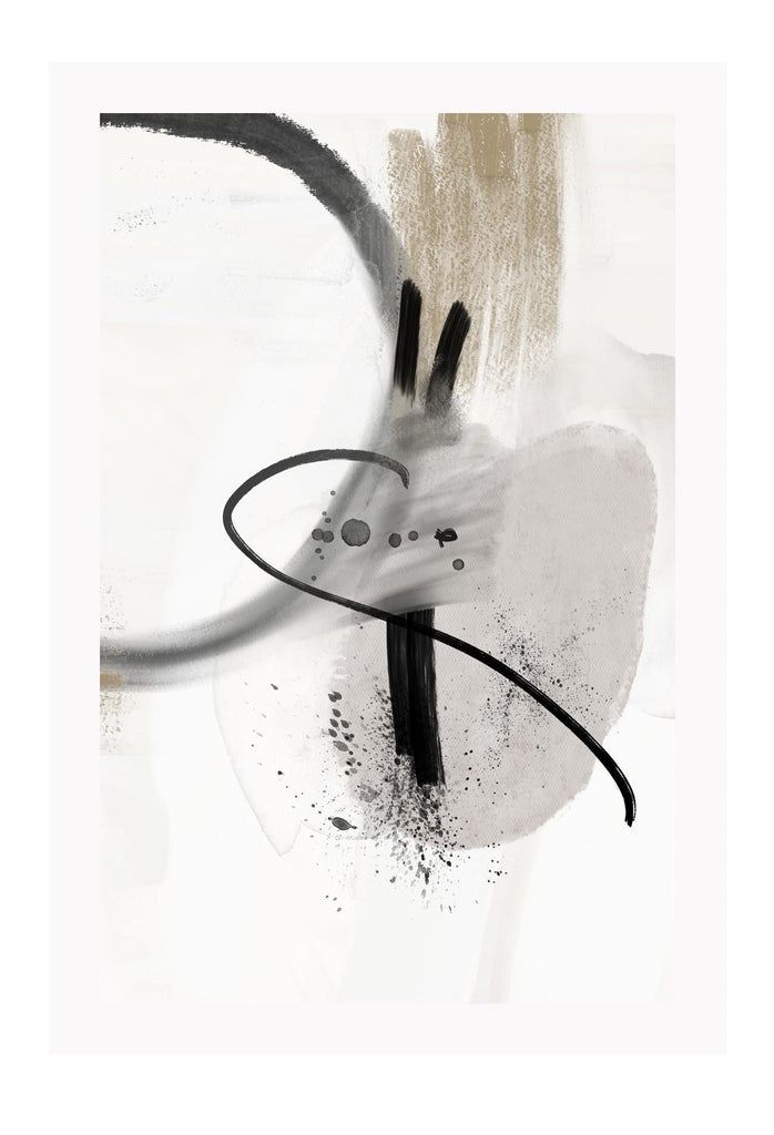 Abstract art print with black round and straight brushstrokes and paint splatters on a textured grey and white background.