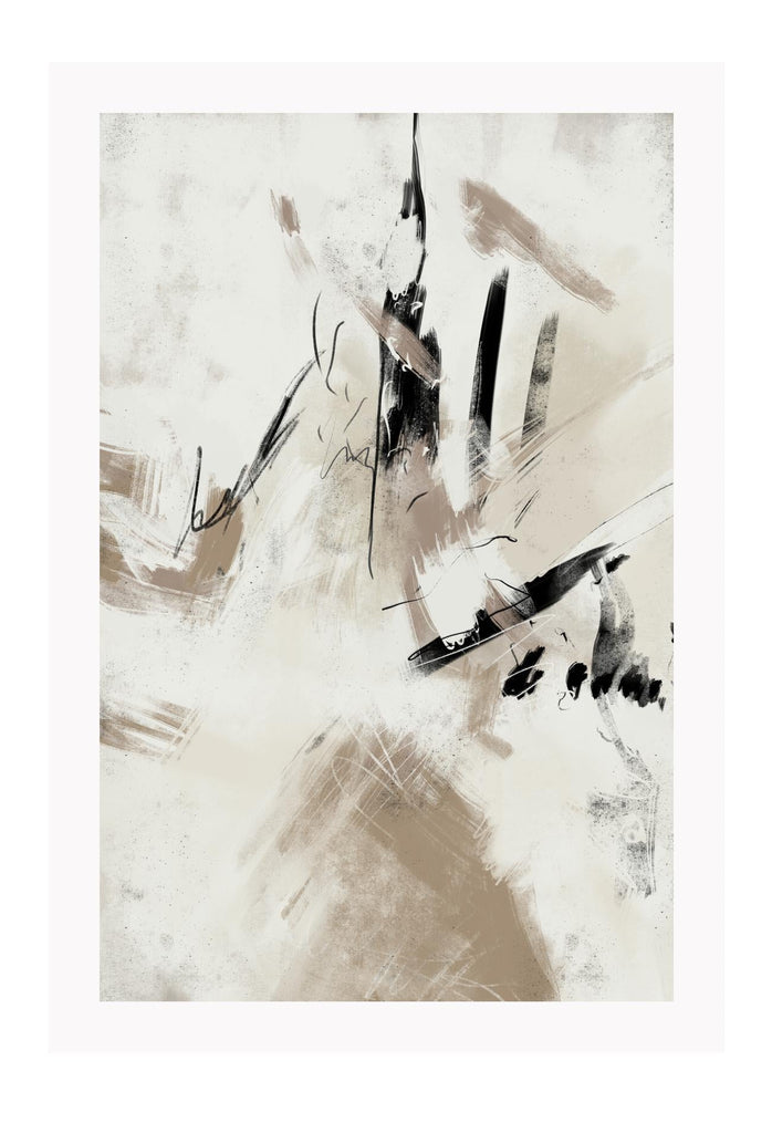 Textured abstract art print with random black and beige brushstrokes and lines on a light grey background.
