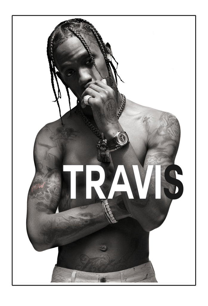 Travis Scott celebrity print portrait print tattoos white background with text fashion rapper