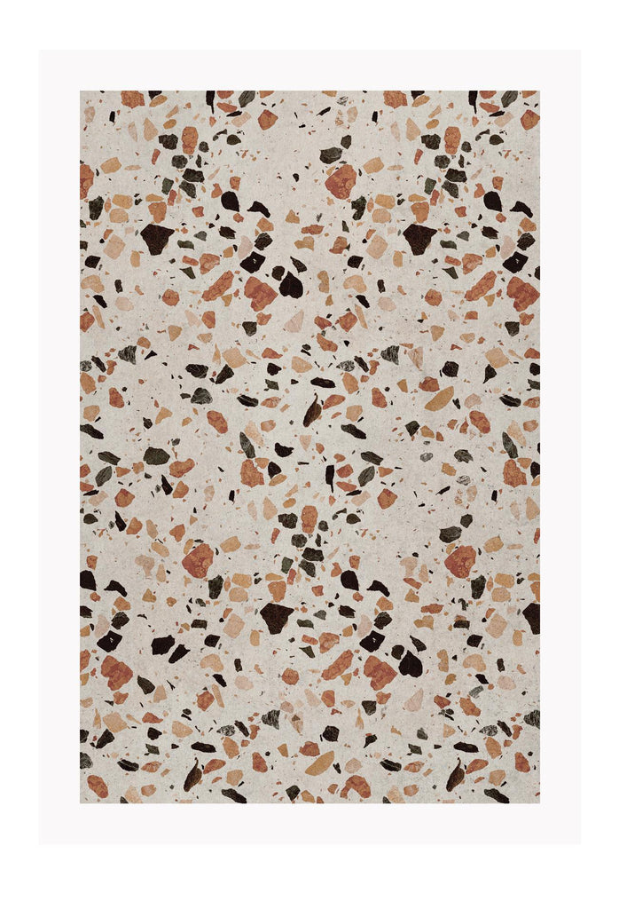 Close-up granite terrazzo texture with navy, rust, terracotta cream colurs minimal print portrait landscape