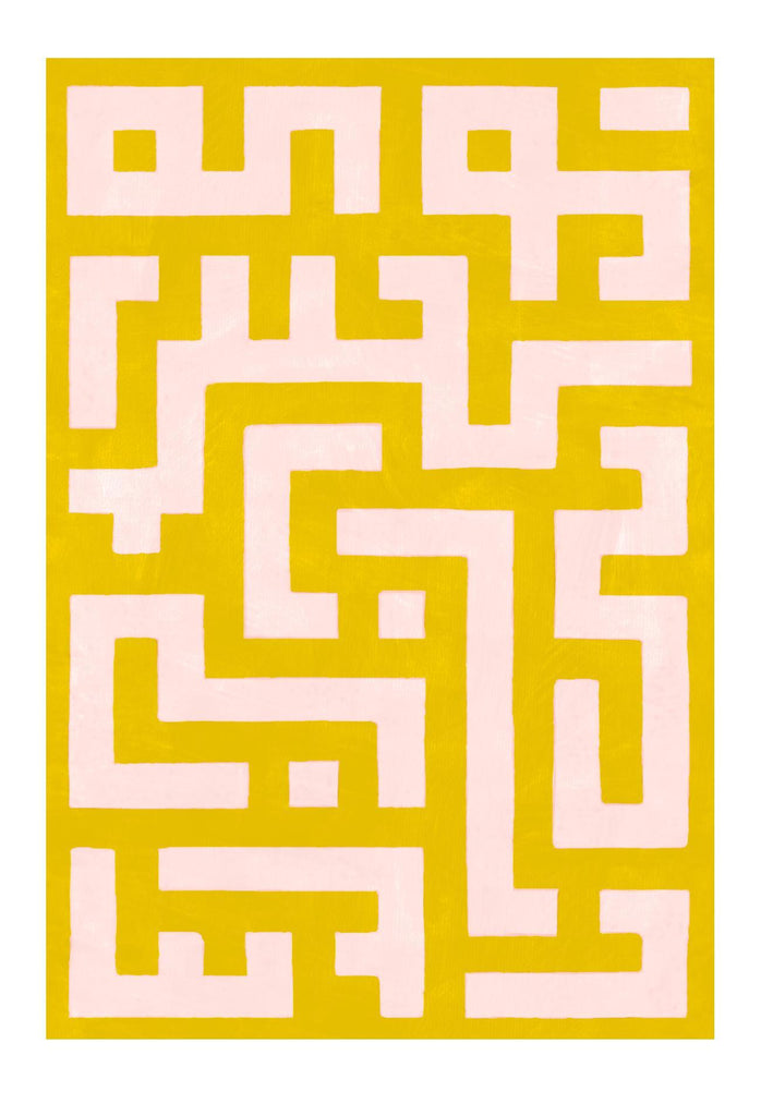 Abstract print portrait landscape maze in pink and yellow colours modern 