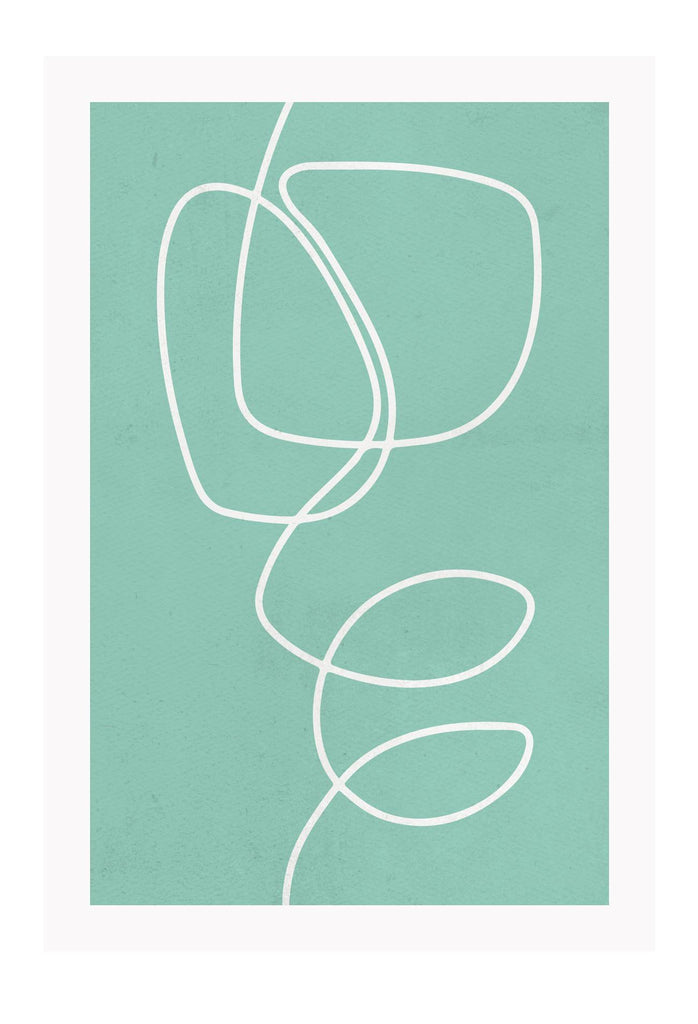 Line art minimal abstract modern print round white shapes overlapping mint green blue background.