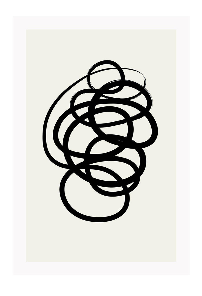 Abstract black and white squiggle print with textured black line and cream background 