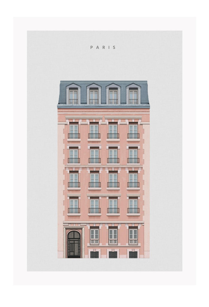 Paris urban architechture with pink and blue tones on a grey background with text 