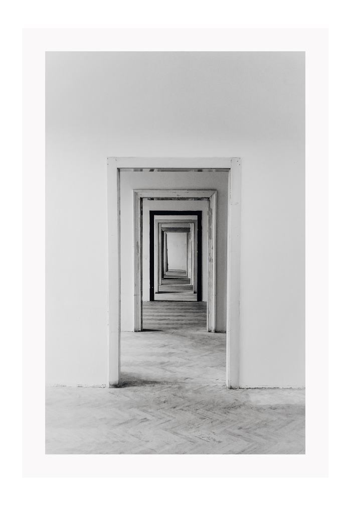 Photography print black and white architechture with minimalistic with decending doorways 
