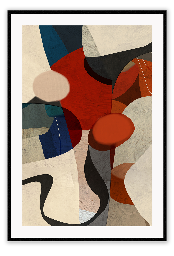 Textured abstract print with bright red round shapes in the center surrounded by random round shapes in beige, grey and blue