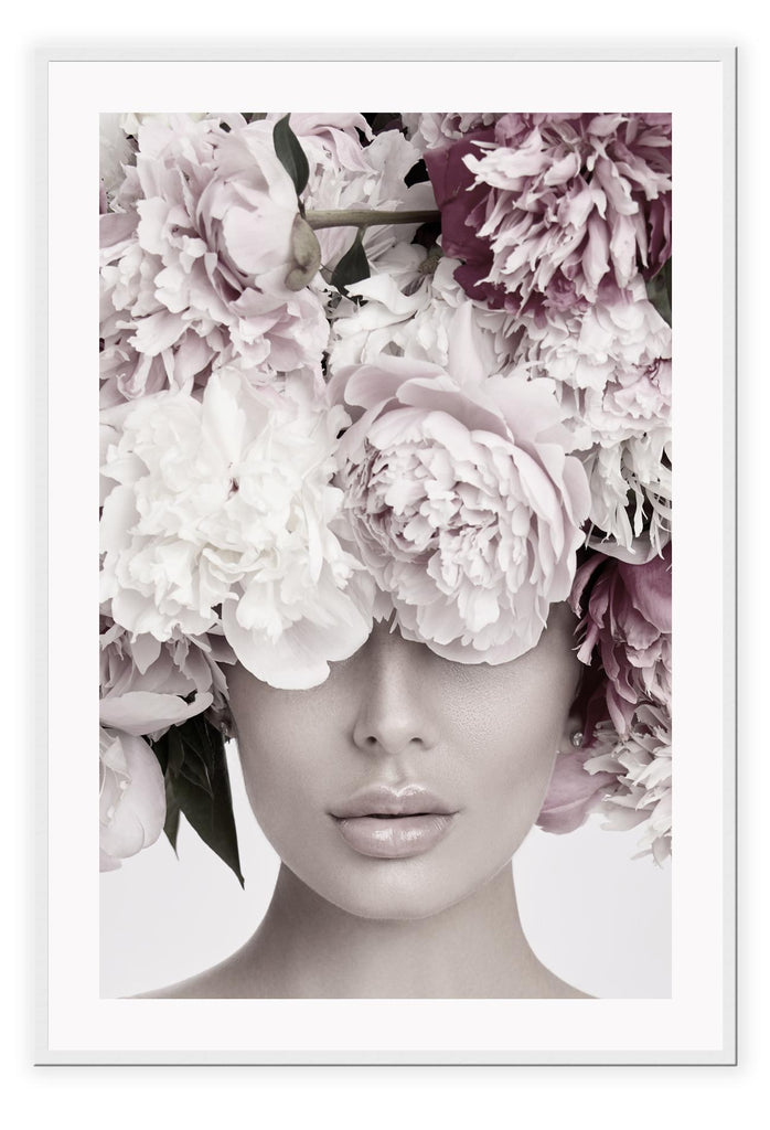 Woman lady face with flowers beauty pastel washed tones and roses on head with grey background