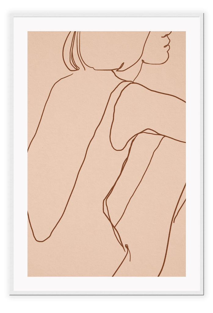 Line art print with a pink background and brown outline of a woman wearing a swimsuit sitting down 