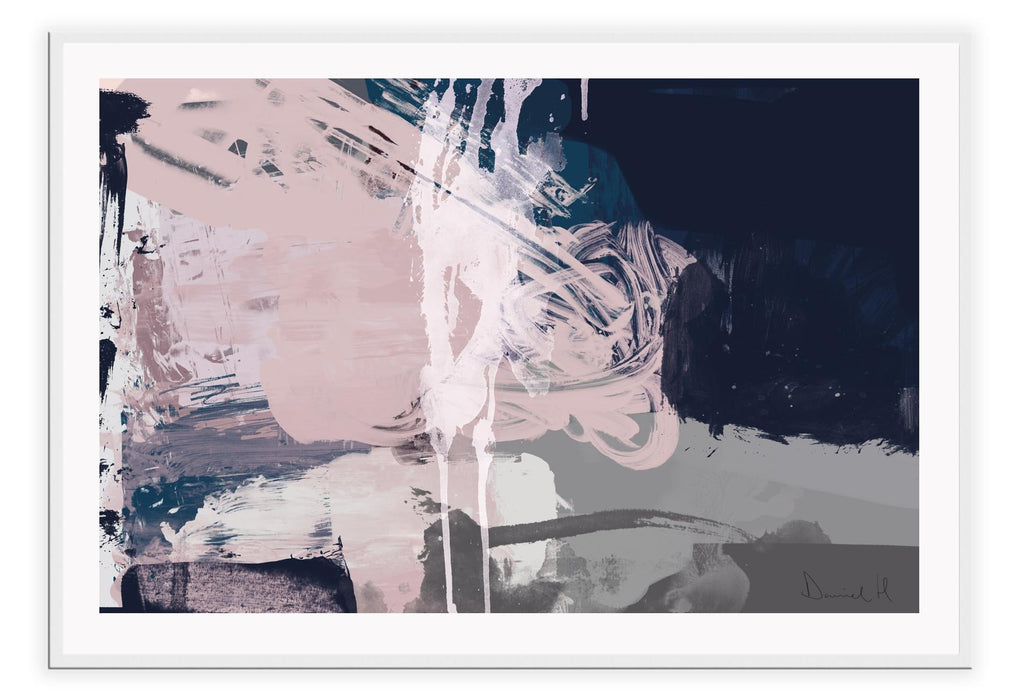 Abstract style modern print featuring pink, navy, grey and white tones in a random painting smudge configuration.