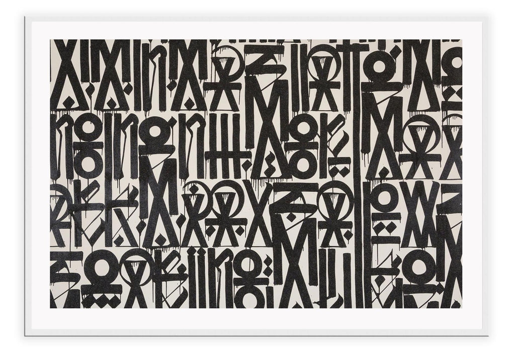 Modern abstract print with black dripping circles, triangles and lines in a random order on a plain beige background.