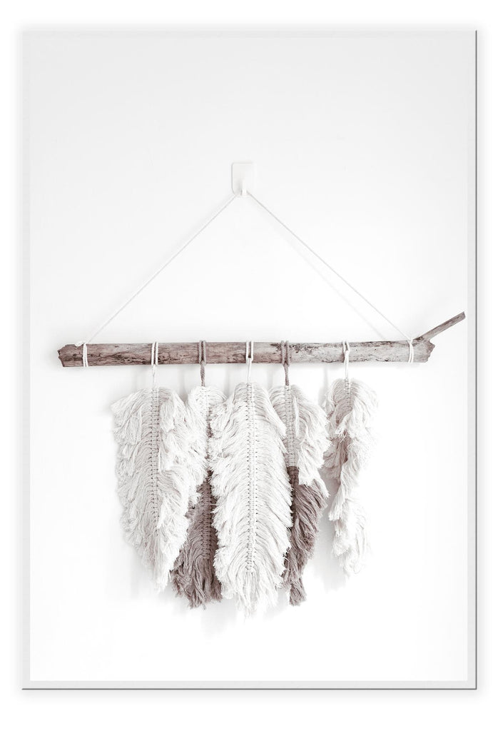 Boho print of feathers stick hung on white background portrait minimal texture 