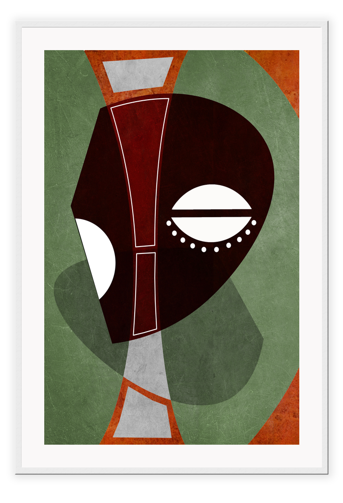 Abstract tribal style print featuring an abstract head in black, white, red, orange and green tones.