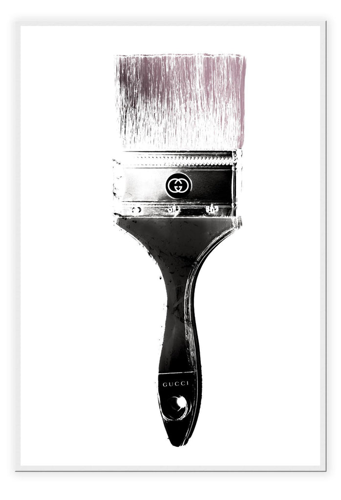 Pink brush with silver and black Gucci paint on white background minimal fashion print 