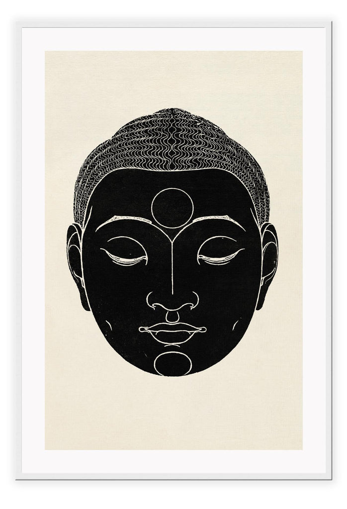 Zen modern minimal style print with a black buddha face with eyes closed on a cream background.