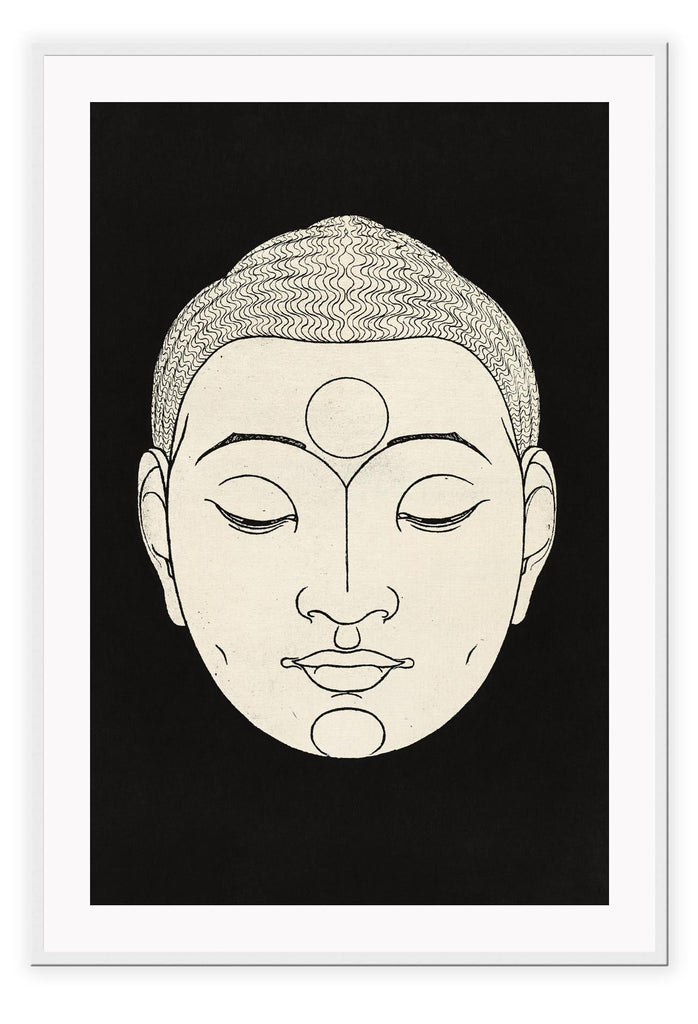 Zen modern minimal style print with a cream buddha face with eyes closed on a black background.