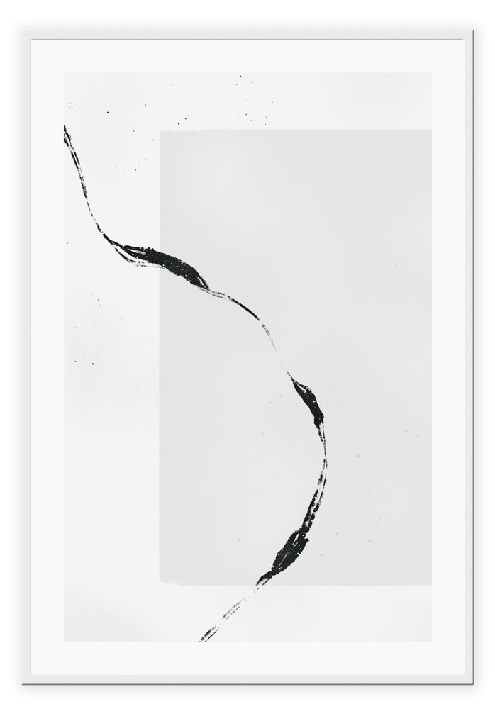 Abstract minimal style art print featuring a grey rectange and black paint stroke overlapping on a white background.