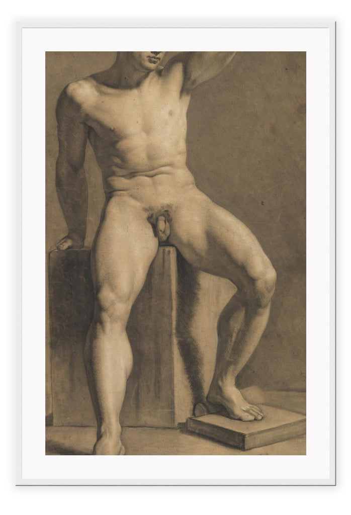 Vintage painting style art print featuring a nude man sitting on a concrete cube with his arm in the air.