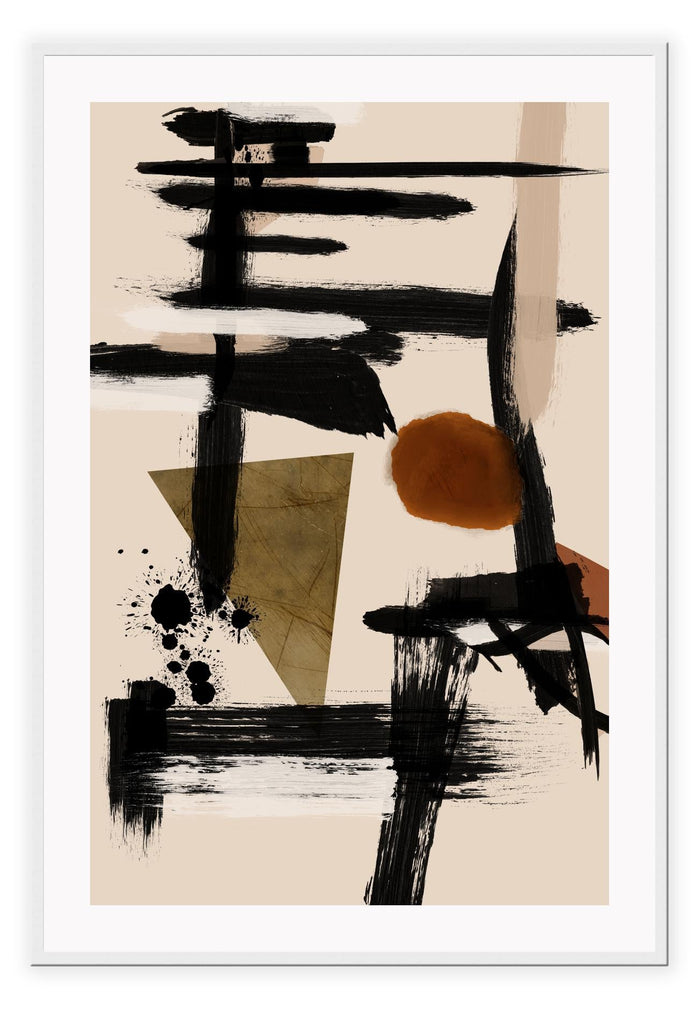 Abstract print with black brushstrokes, a round shape in rust and a green triangle in the centre on a beige background.