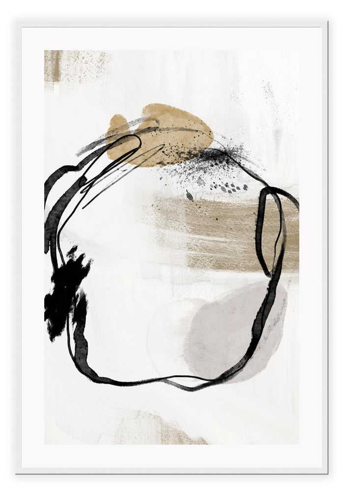 Abstract print with thin black brushstrokes creating a circle in the middle on a beige and grey background.