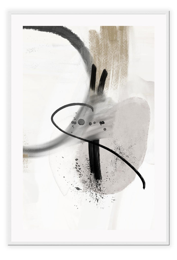 Abstract art print with black round and straight brushstrokes and paint splatters on a textured grey and white background.