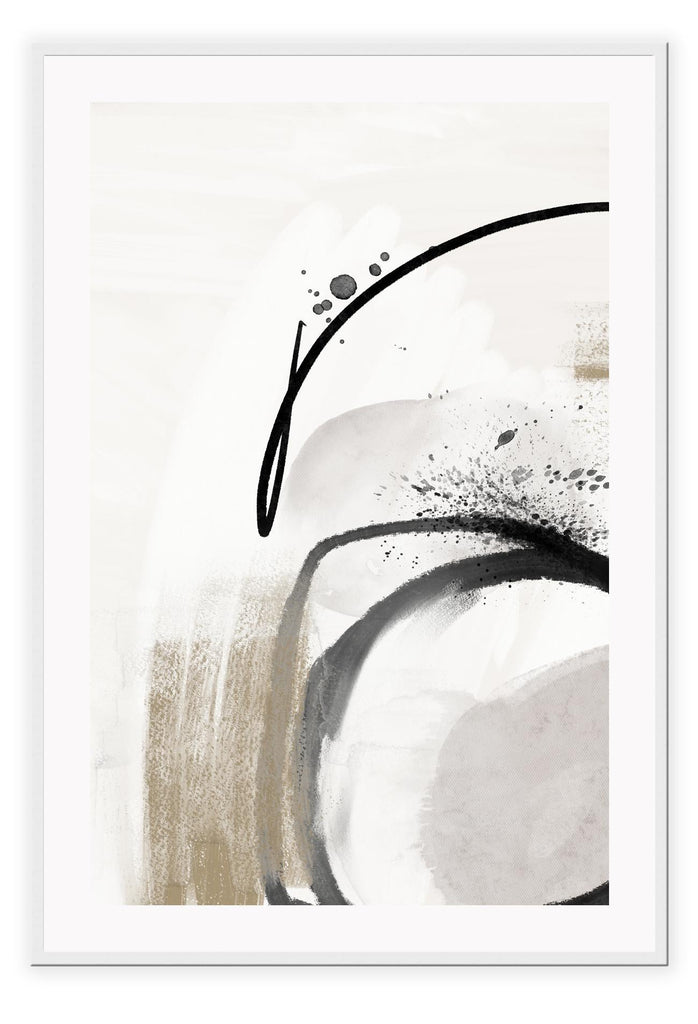 Abstract art print with linear black brushtrokes and chunky beige strokes complemented by paint splatters on white background