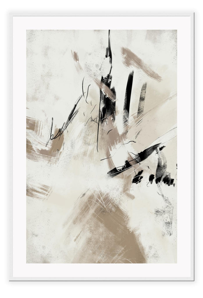 Textured abstract art print with random black and beige brushstrokes and lines on a light grey background.