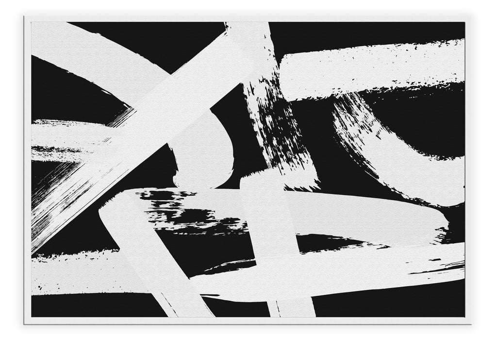 Abstract modern minimalist art print with light grey brushstrokes overlapping on a black background.