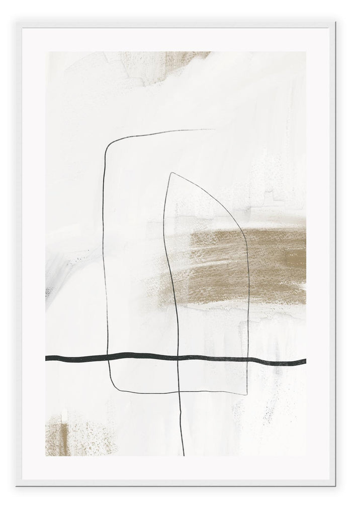 Abstract modern minimalist art print with thin black lines on a white and beige textured background.