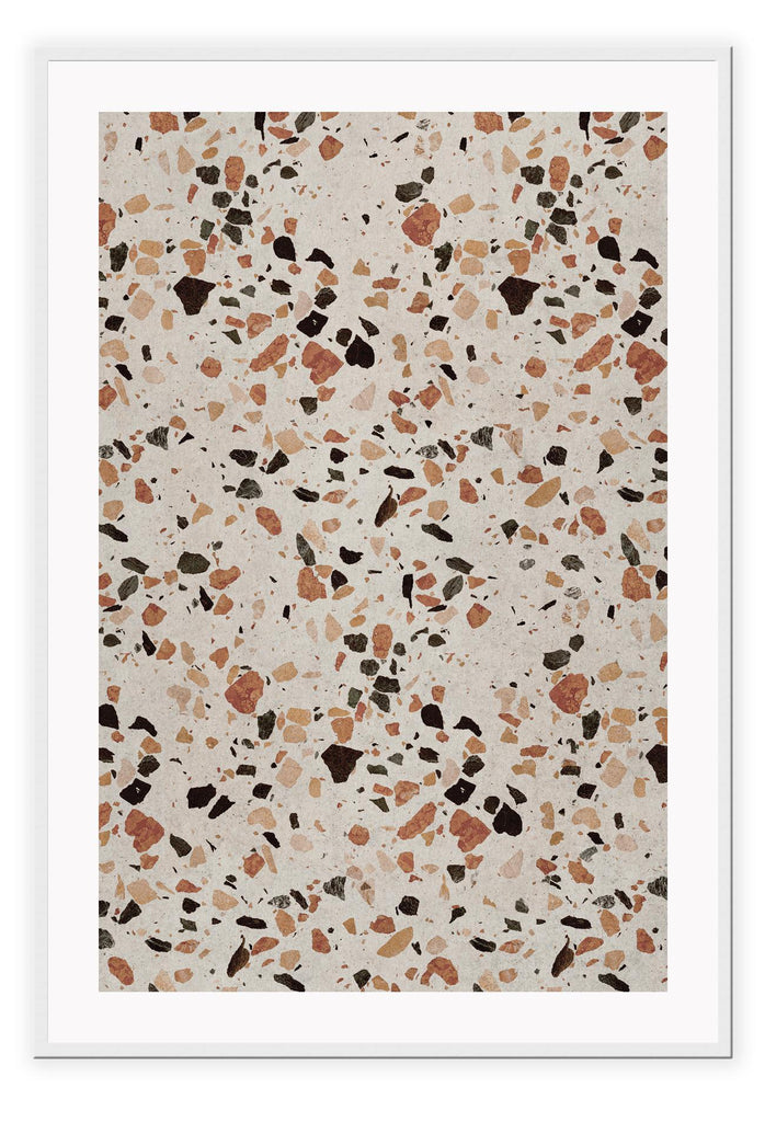 Close-up granite terrazzo texture with navy, rust, terracotta cream colurs minimal print portrait landscape