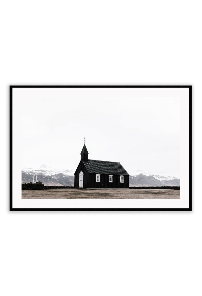 Landscape black and white church print architechture and background of natural fields 