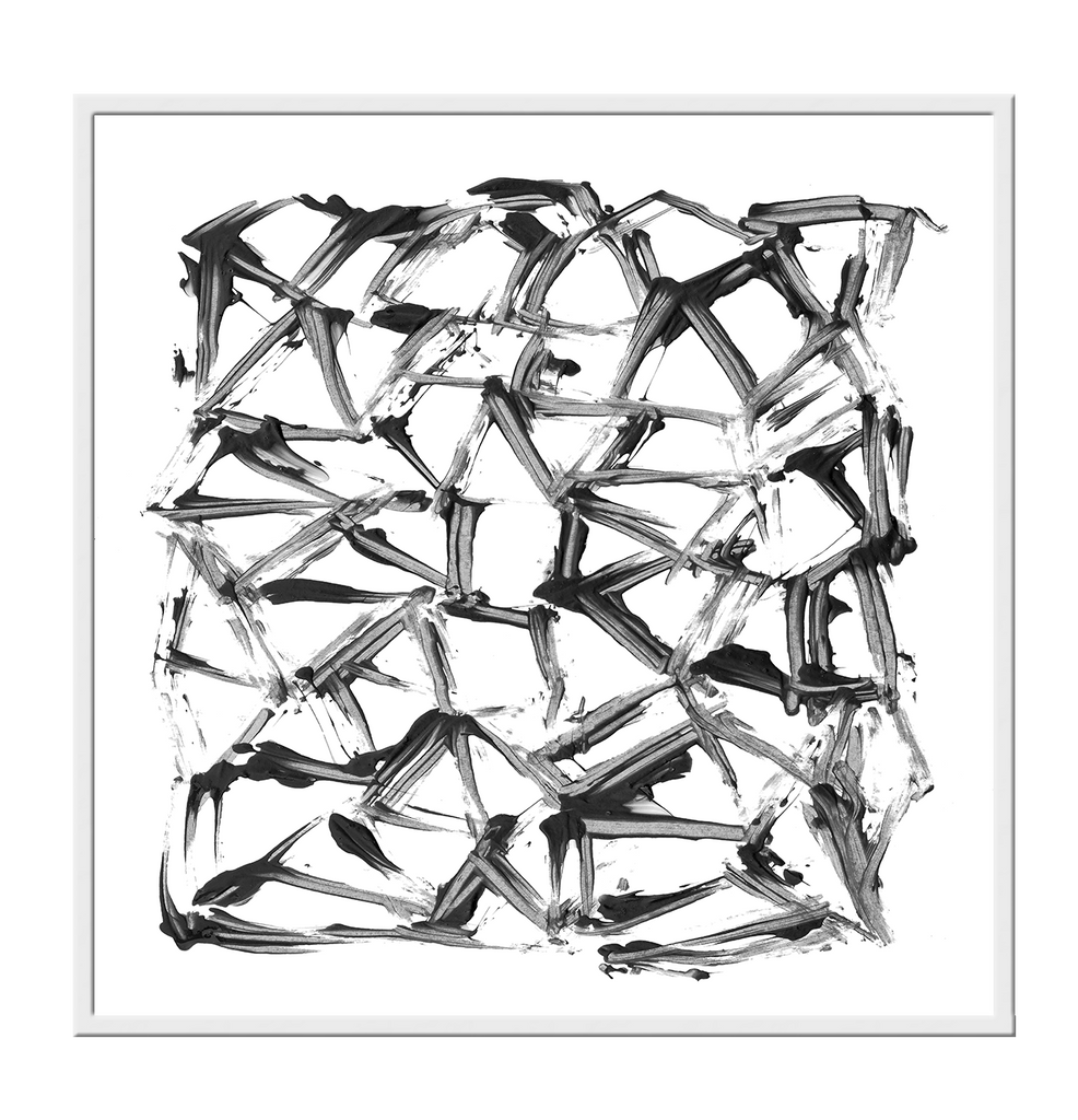 Abstract print with black brushstrokes forming random triangle and diamond shapes on a plain white background.